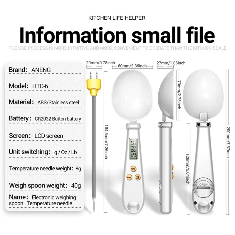 Colher Balança Eletrônica de Cozinha 2 em 1 com Medição Digital LCD e Termômetro de Alimentos