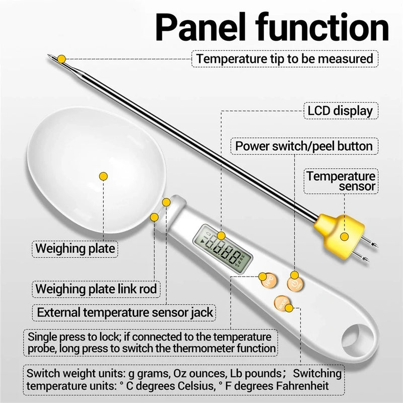 Colher Balança Eletrônica de Cozinha 2 em 1 com Medição Digital LCD e Termômetro de Alimentos