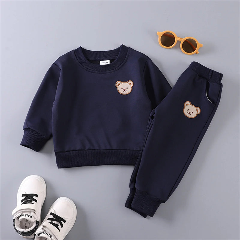 2PCS Children's Set Spring and Autumn Simple Little Bear Head Round Neck Long Sleeve Pants